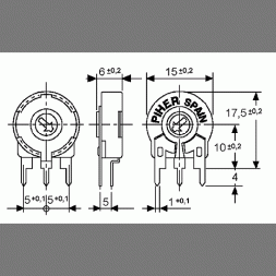 PT 15 NH 1 K (PT15NH05-102A2020) PIHER Szénréteg trimmer ellenállás 15mm levehető tengely