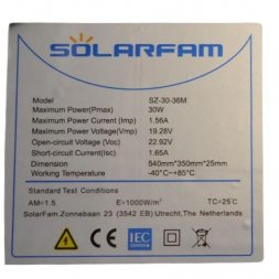 SZ-30-36N SOLARFAM Panel słoneczny monokrystaliczny 30W 18,7V 1,6A ±3%, 540x350x25mm