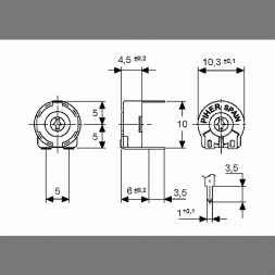 PTC 10 LV 100 K (PTC10LV10-104A2020) PIHER Potencjometr mont. cermetowy 10mm gniazdo prostokątne