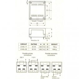 45075 MYRRA Transformator PCB UI48-26 2x12V 60VA 2x115V